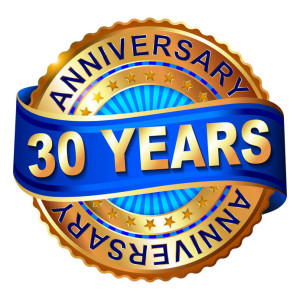 30 years anniversary golden label with ribbon. Vector illustration.
