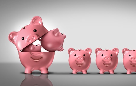 Business diversification concept as a financial growth strategy for new markets for investment growth as an open piggy bank with a group of smaller piggybanks